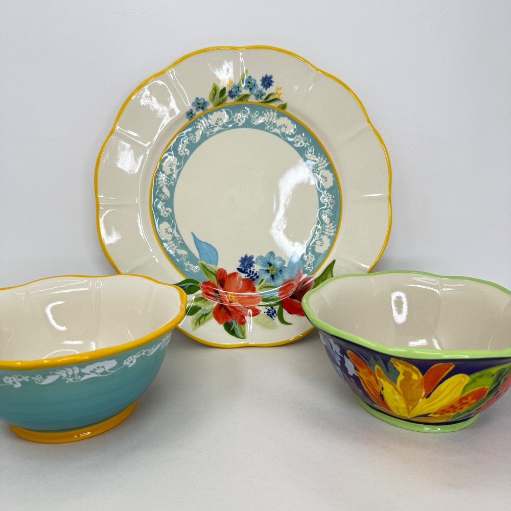 Pioneer Woman Spring Bouquet Dinner Plate and 2 Cereal Bowls Set Teal Navy